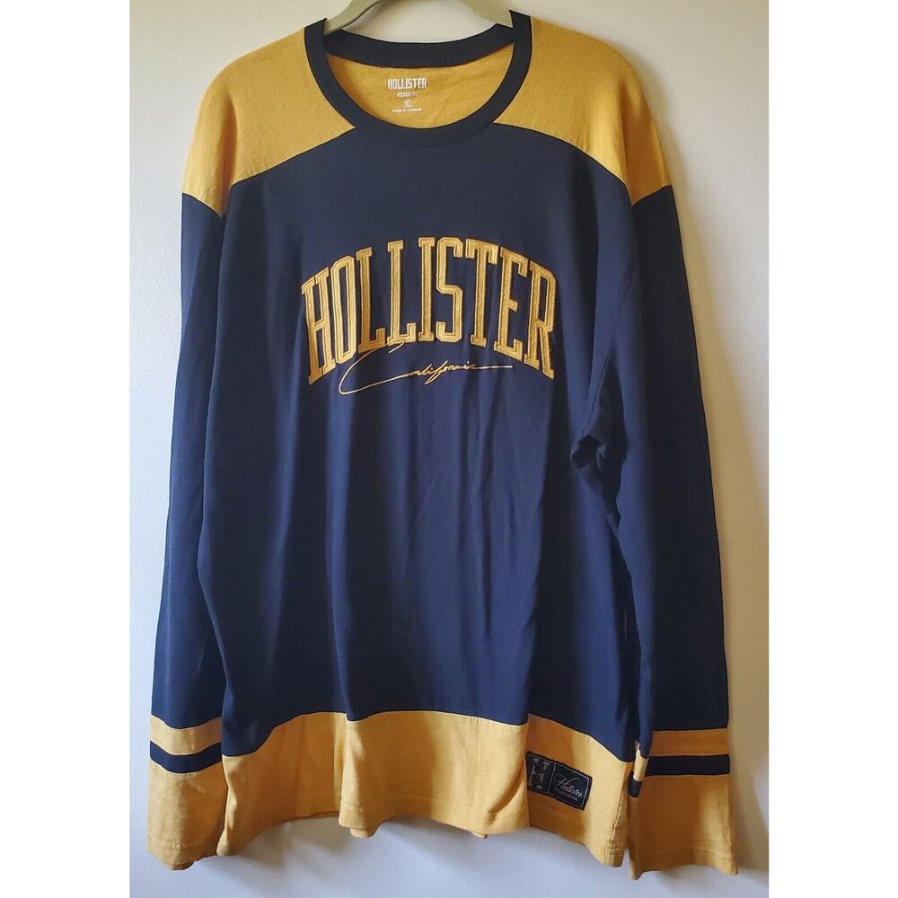 Hollister California Men's Black & Gold Long Sleeve Logo Embroidered Jersey XL